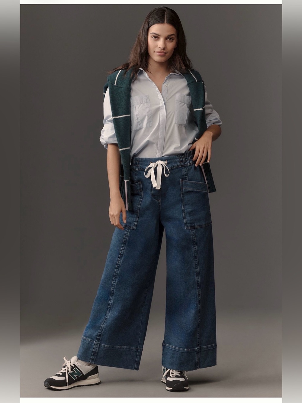 Anthropologie Maeve Tie Front Wide-Leg Denim Jeans - Dark Blue Size L